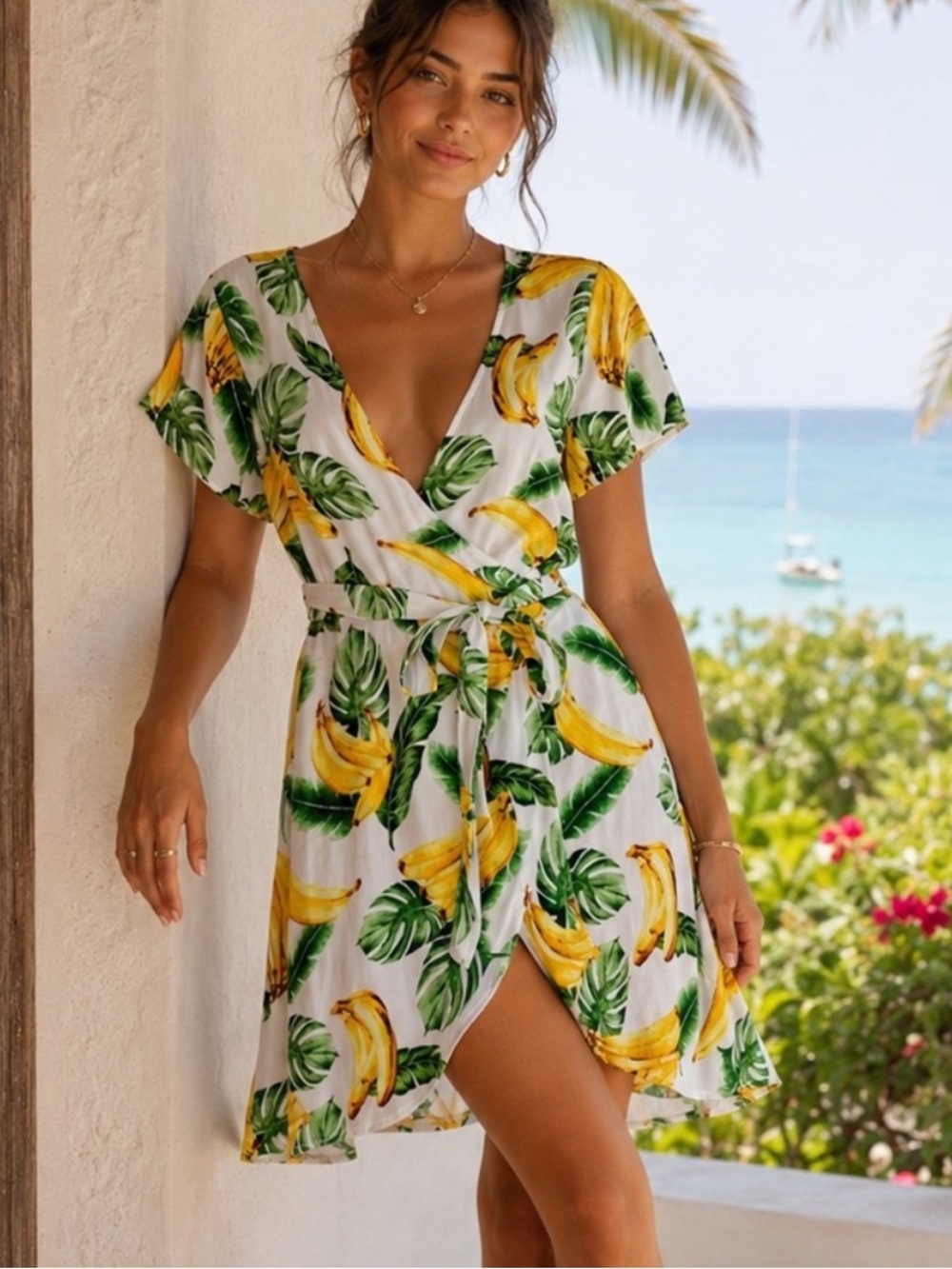 Forever 21 Banana Print Tropical Resortwear Vacation Wrap Dress Size S